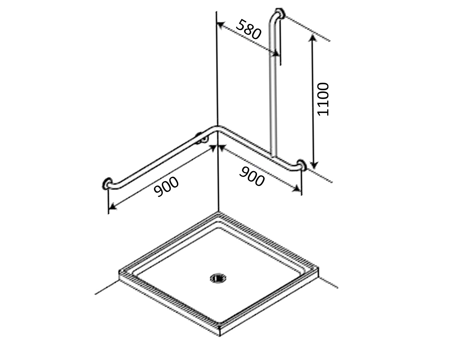 Corner Shower Grab Bar Vertical Left Hand 900 x 900mm Great Grab